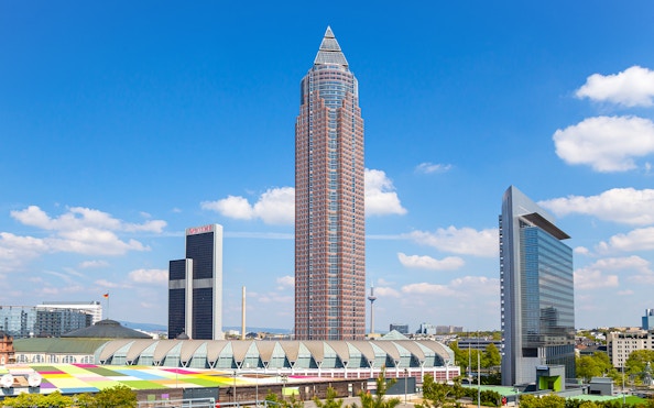 Frankfurt skyline with Messeturm and modern buildings on Panorama City Cruise.