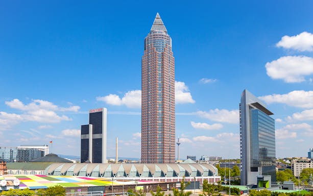 Frankfurt skyline with Messeturm and modern buildings on Panorama City Cruise.
