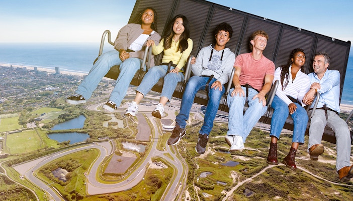 Tourists enjoying 5D ride at This Is Holland Ultimate Flight Experience, Amsterdam.