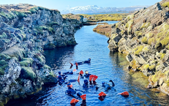 Snorkelers exploring Silfra fissure in Iceland's clear waters.