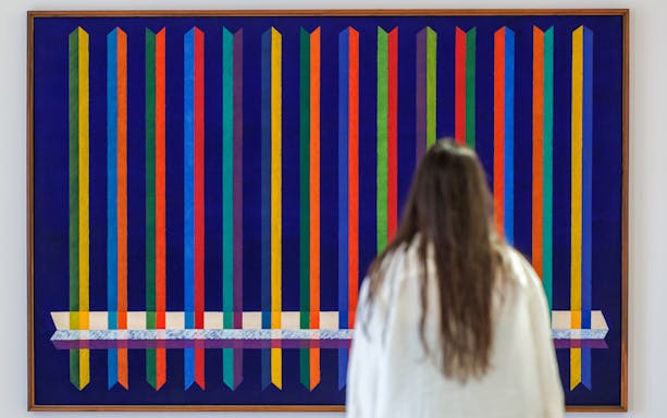 Visitor viewing colorful vertical stripes artwork at Dynamic Eye Exhibition, Atkinson Museum Porto.