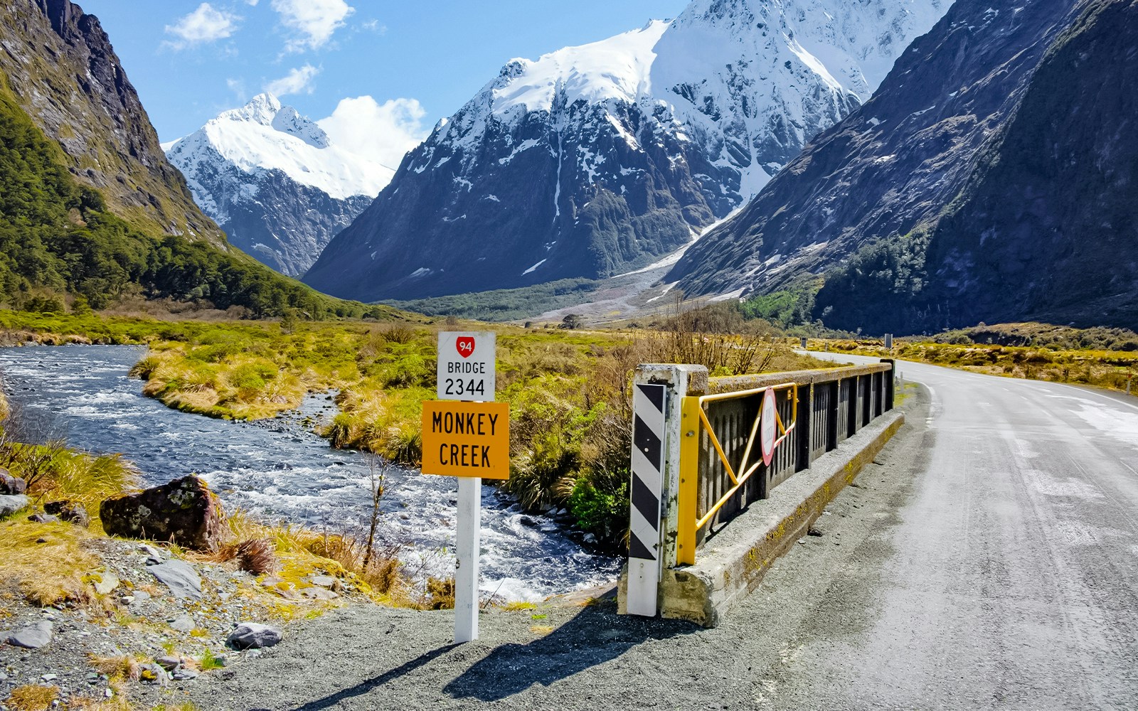 Monkey Creek in Fjordland, South Island, New Zealand with snow-capped mountains and lush greenery.