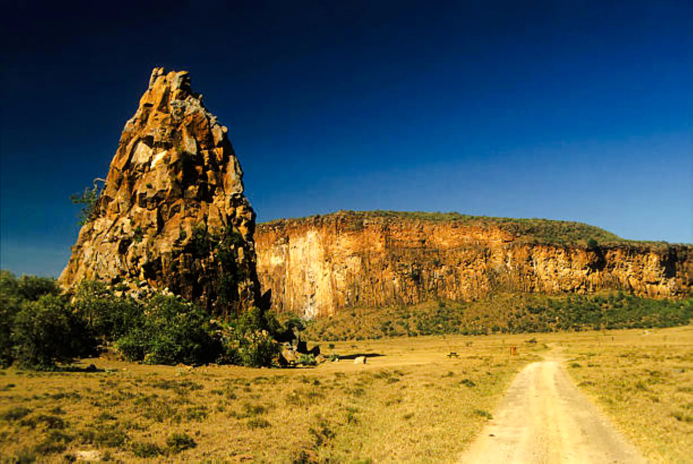 Hell’s Gate National Park rock formations and dirt path, Naivasha, Kenya.