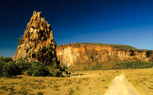 Hell’s Gate National Park rock formations and dirt path, Naivasha, Kenya.