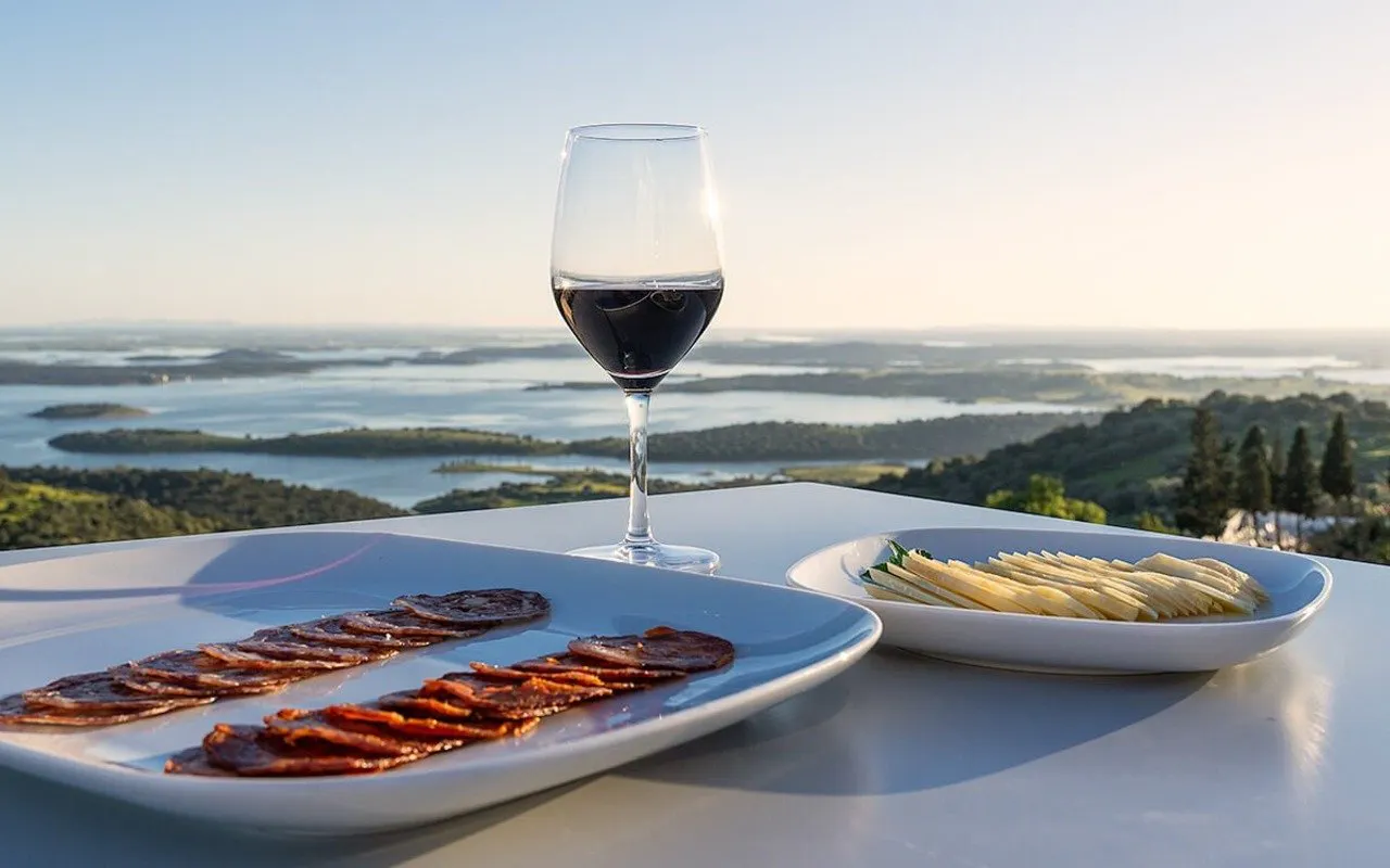 Wine glass with charcuterie and cheese overlooking scenic landscape.