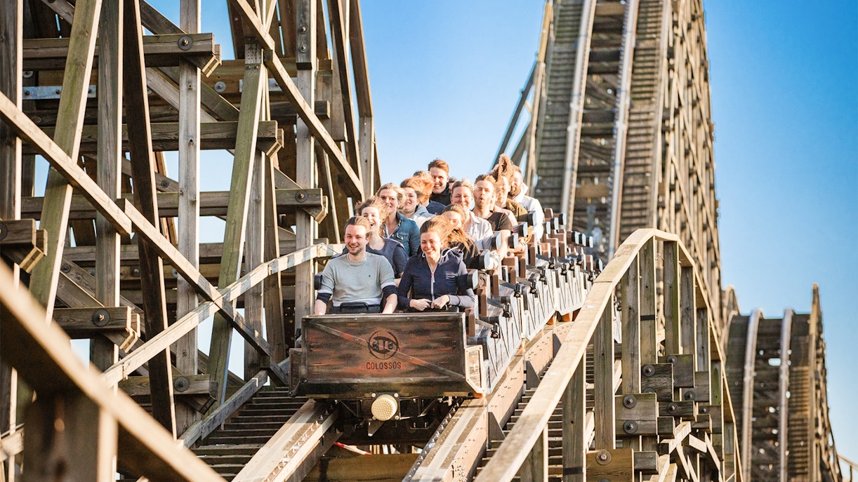 Guests on Colossus rollercoaster at Heide Park Resort, Hamburg.