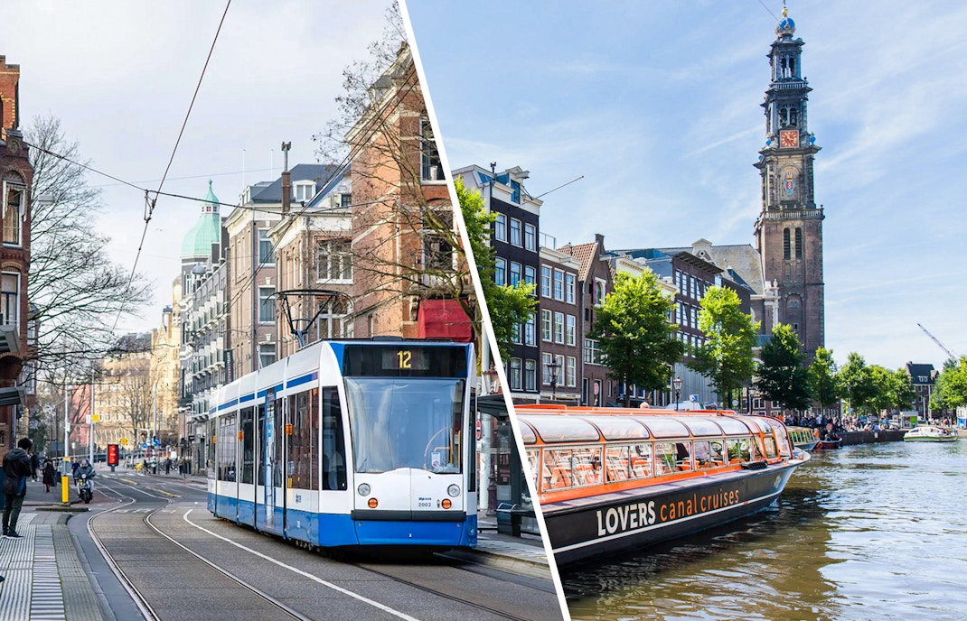 Amsterdam canal cruise boat with tourists, showcasing cityscape and bridges, related to GVB Public Transport Pass.