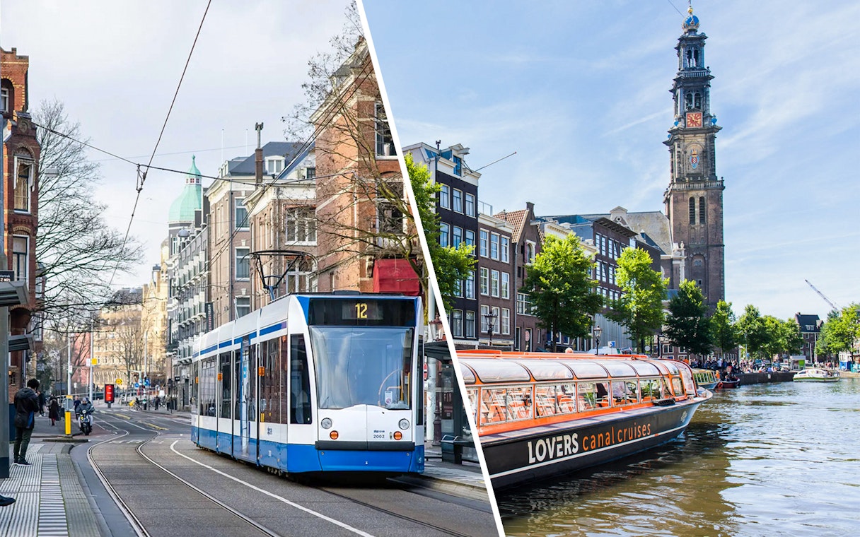 Amsterdam tram on city street and canal cruise boat near Westerkerk.