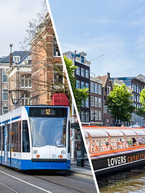 Amsterdam tram on city street and canal cruise boat near Westerkerk.