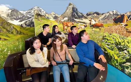 Group enjoying Swiss Chocolate Adventure ride at Museum of Transport, Lucerne.