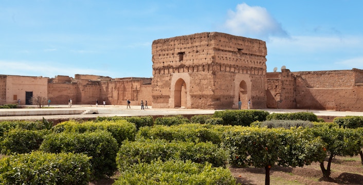 El Badi Palace ruins with gardens, Marrakesh, Morocco.