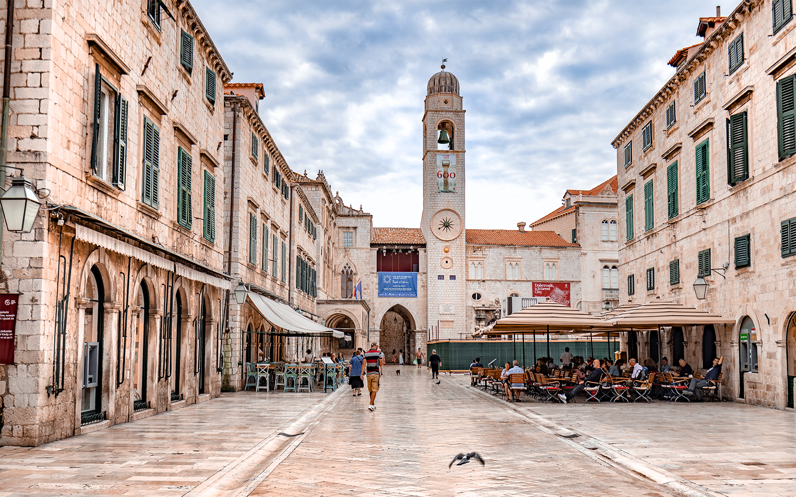 Stradun street with bell tower in Dubrovnik, Croatia, featured in Game of Thrones tour.