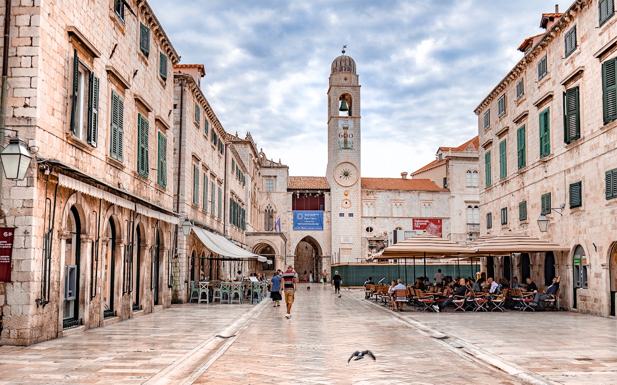 Stradun street with bell tower in Dubrovnik, Croatia, featured in Game of Thrones tour.
