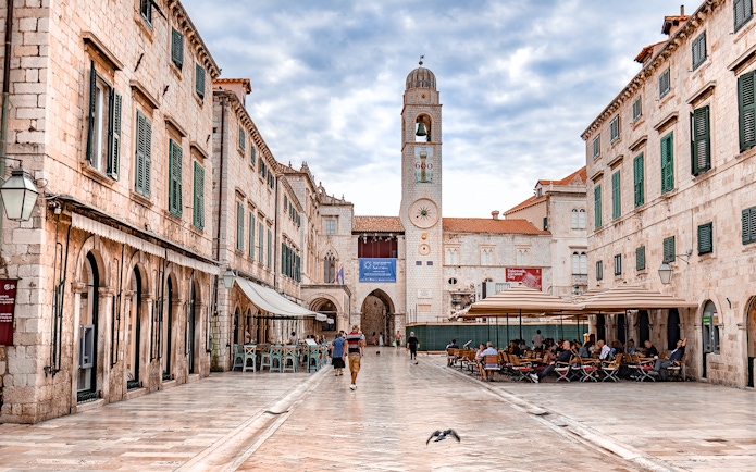 Stradun street with bell tower in Dubrovnik, Croatia, featured in Game of Thrones tour.