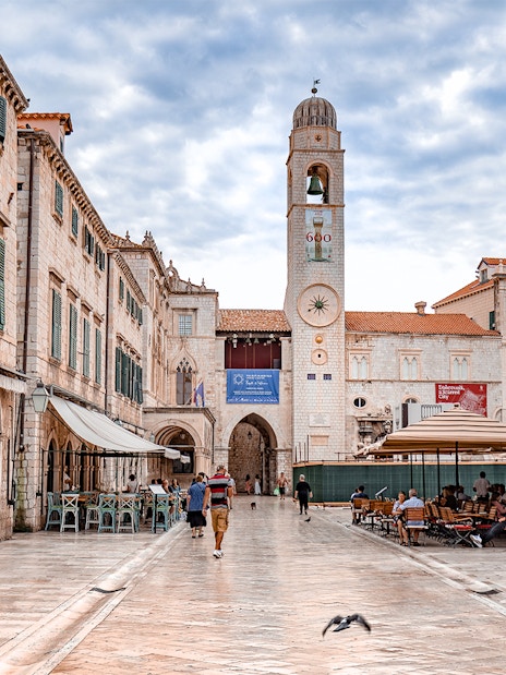 Stradun street with bell tower in Dubrovnik, Croatia, featured in Game of Thrones tour.