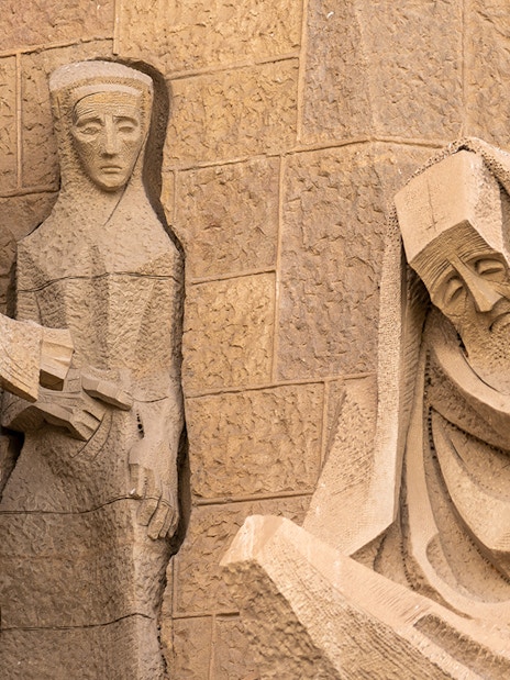 Sculpted figures on the facade of Sagrada Familia in Barcelona.