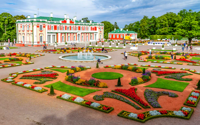 Kadriorg Palace and garden with colorful flower beds, Tallinn, Estonia.