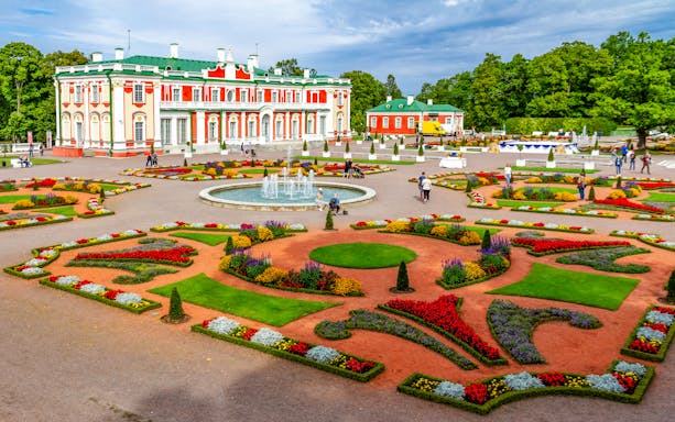 Kadriorg Palace and garden with colorful flower beds, Tallinn, Estonia.