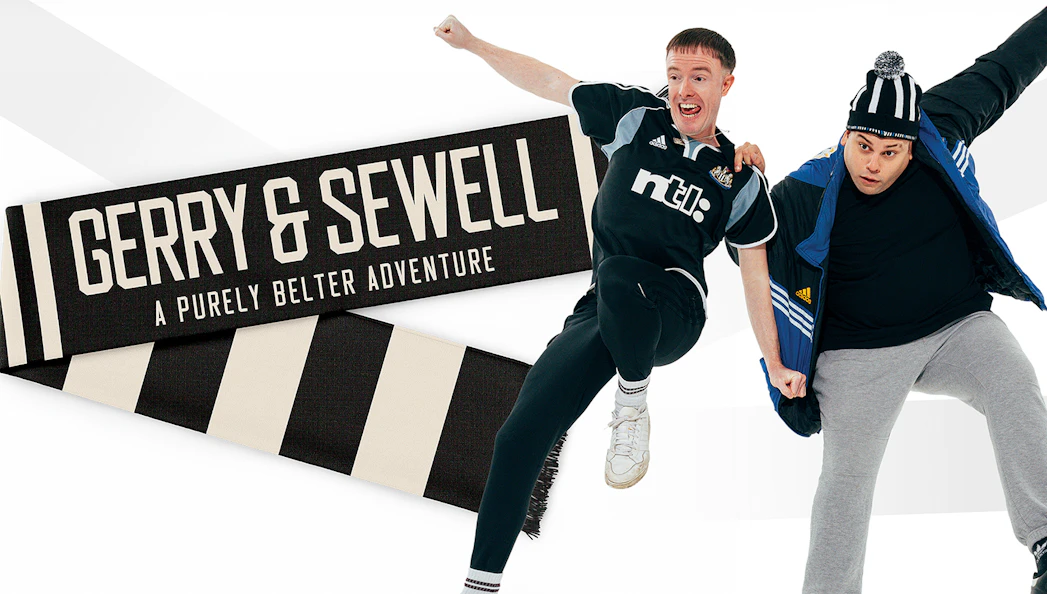 Gerry & Sewell tour promotion with two people in sports attire and a striped scarf.