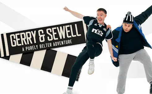 Gerry & Sewell tour promotion with two people in sports attire and a striped scarf.