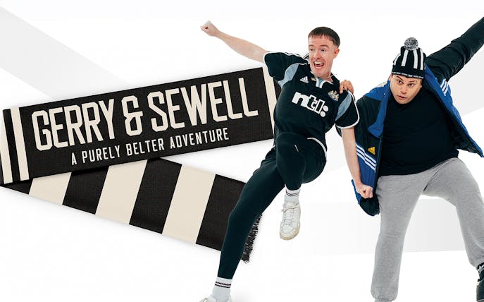 Gerry & Sewell tour promotion with two people in sports attire and a striped scarf.