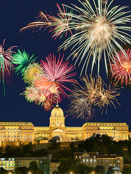 Fireworks over Buda Castle in Budapest during St Stephen's Day celebrations.