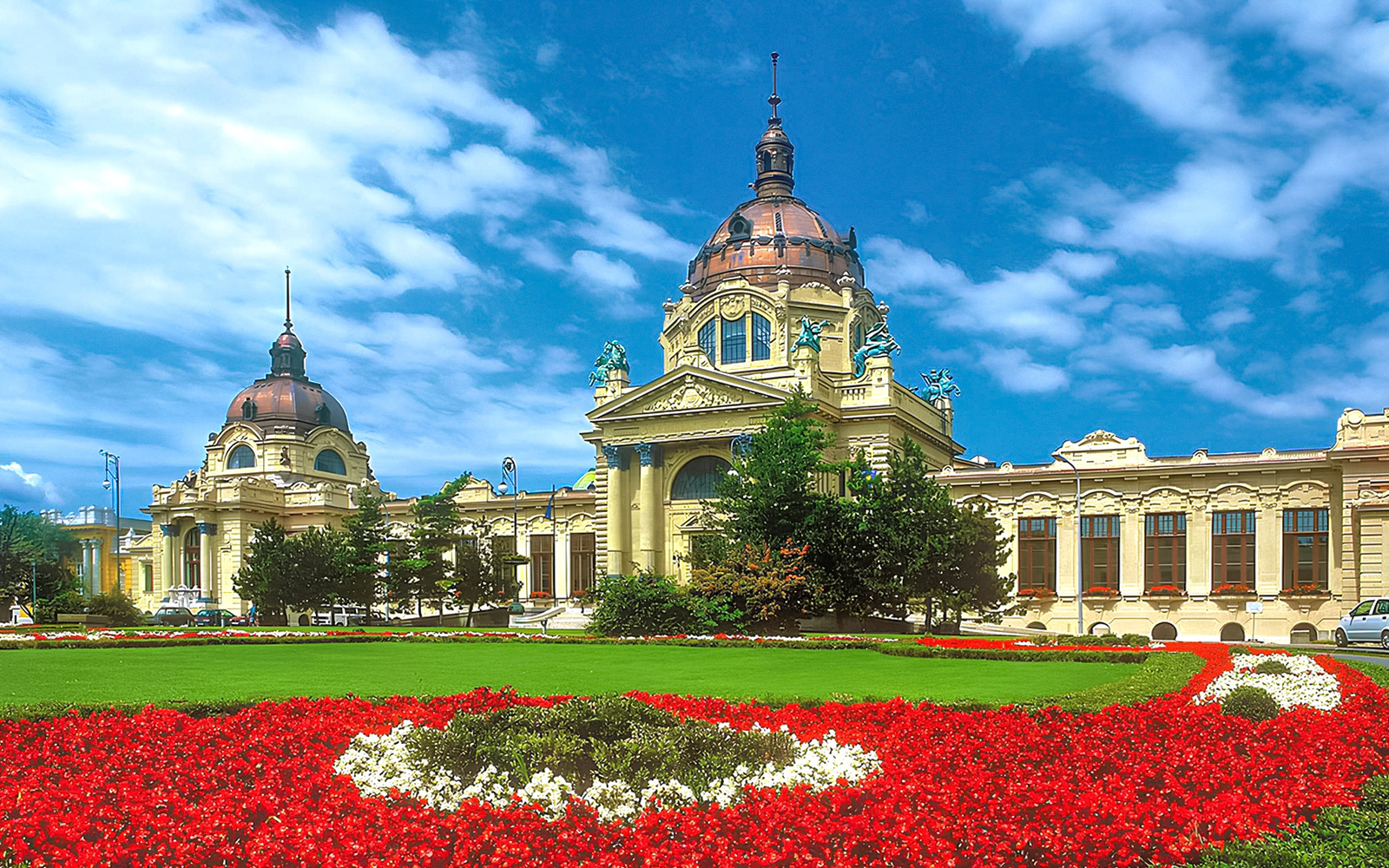 Szechenyi Bath exterior with domes and gardens in Budapest, Hungary.