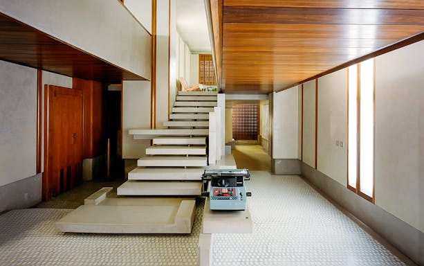 Negozio Olivetti interior with modern staircase and vintage typewriter, Venice, Italy.