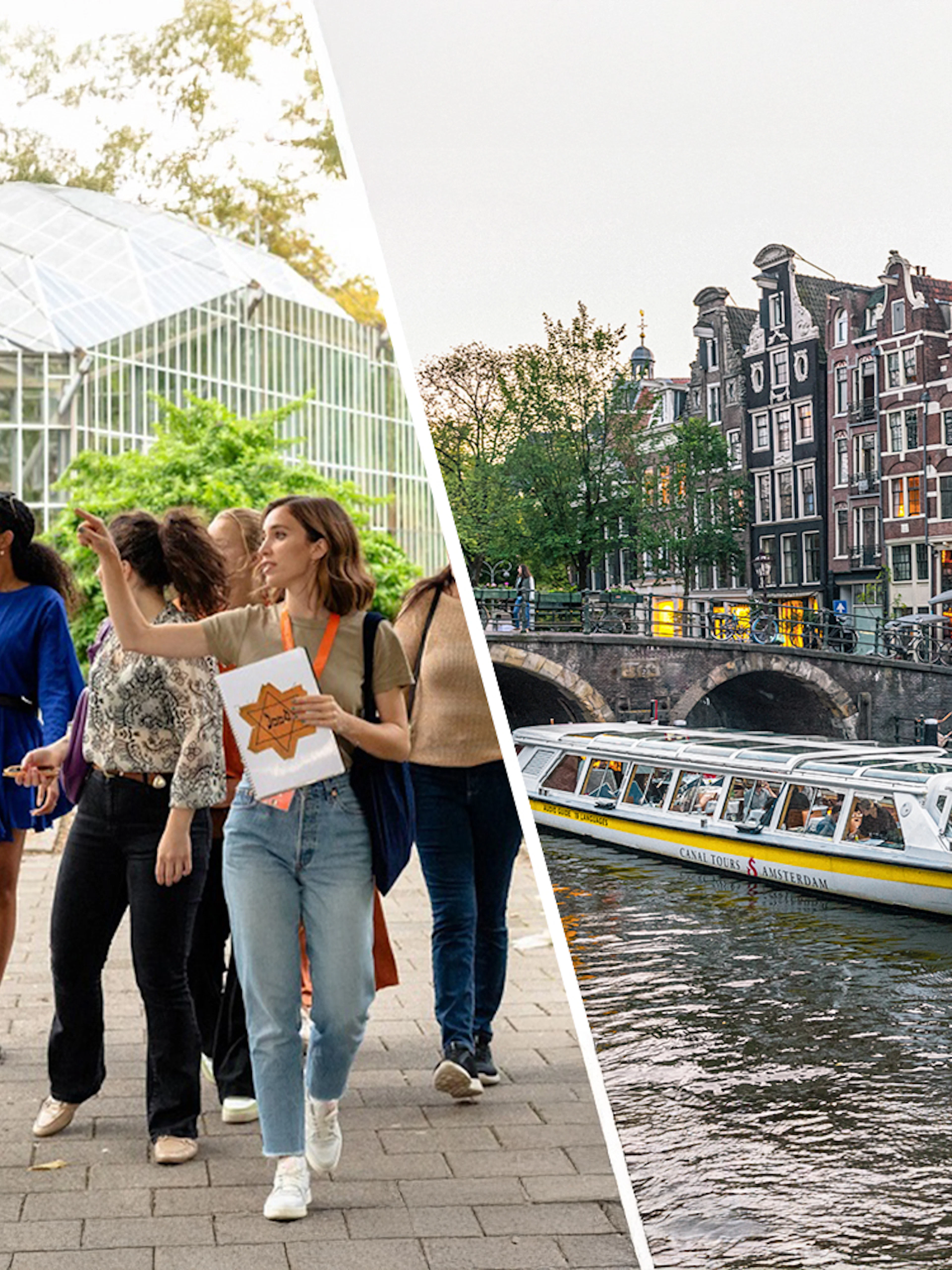 Tour group walking in Amsterdam park and canal boat cruising past historic buildings.