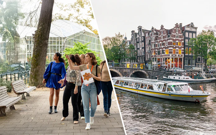 Tour group walking in Amsterdam park and canal boat cruising past historic buildings.