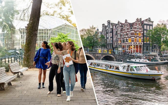 Tour group walking in Amsterdam park and canal boat cruising past historic buildings.