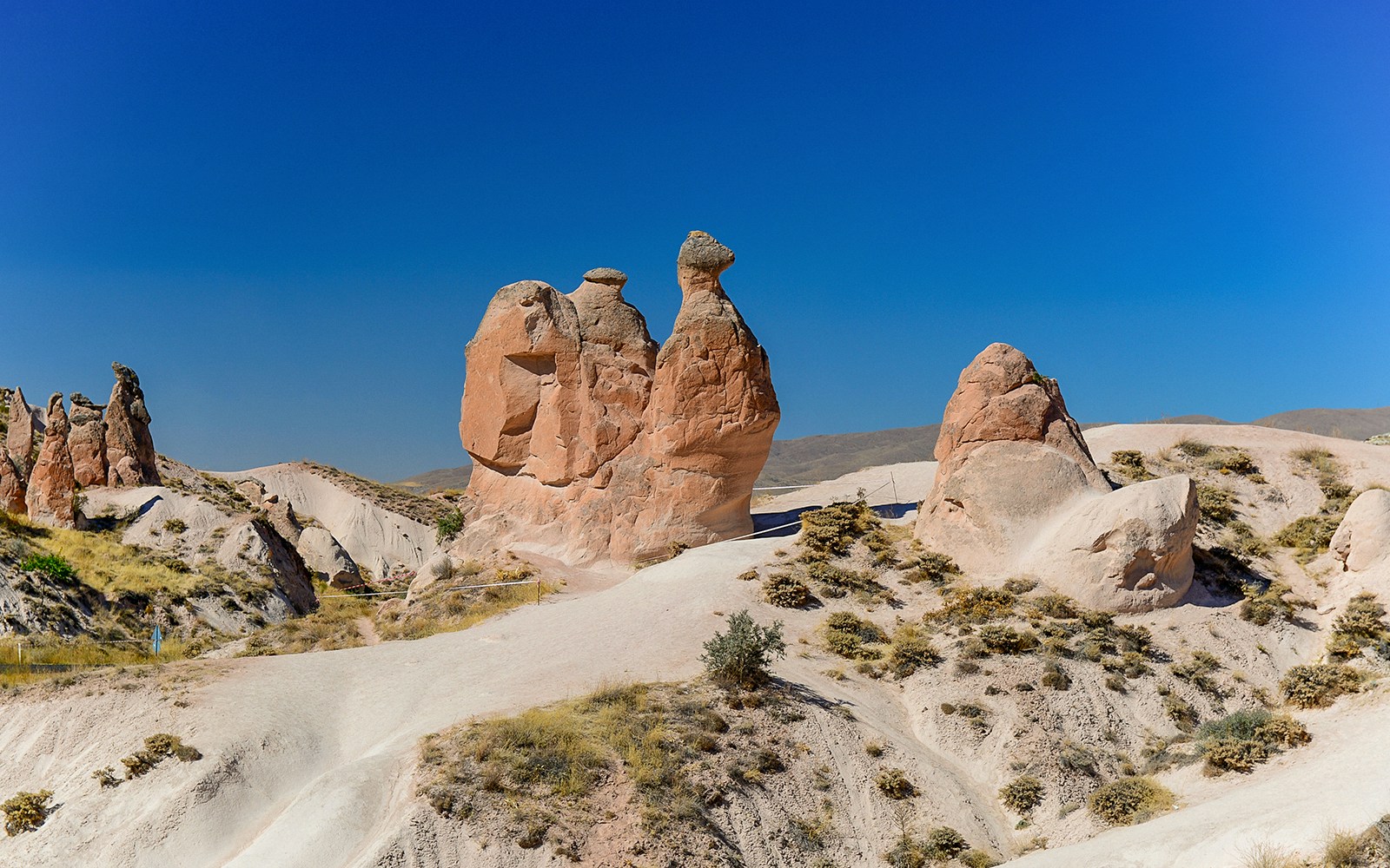 Rock formations in Devrent Valley, Cappadocia under a clear blue sky.