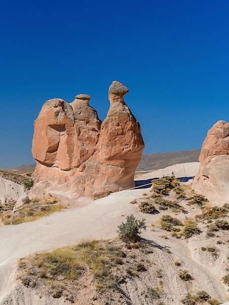 Rock formations in Devrent Valley, Cappadocia under a clear blue sky.
