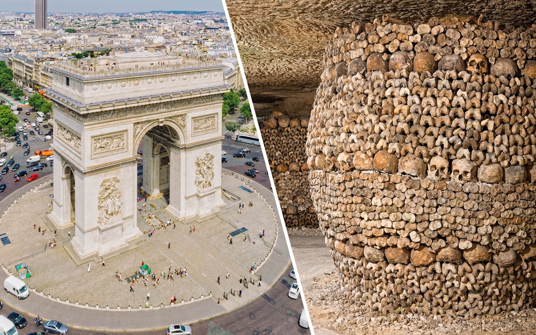 Arc de Triomphe aerial view and Paris Catacombs skull-lined walls.