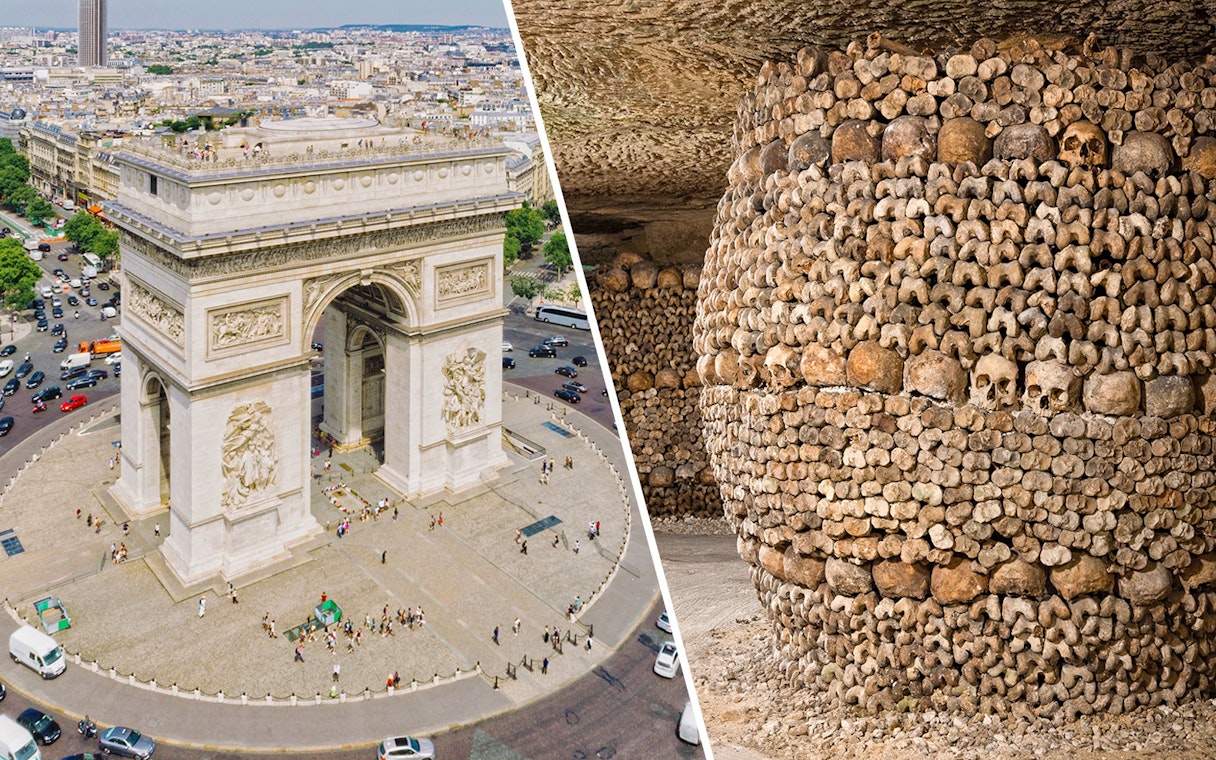 Arc de Triomphe aerial view and Paris Catacombs skull-lined walls.