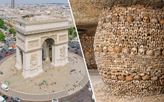 Arc de Triomphe aerial view and Paris Catacombs skull-lined walls.