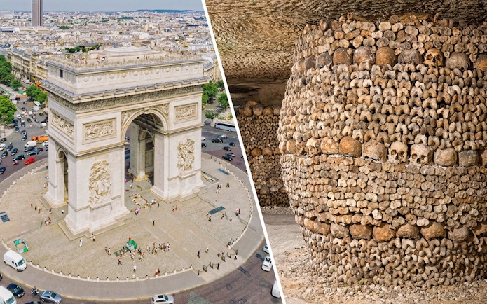 Arc de Triomphe aerial view and Paris Catacombs skull-lined walls.
