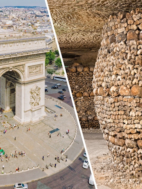 Arc de Triomphe aerial view and Paris Catacombs skull-lined walls.