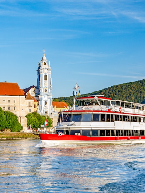Cruise ship on the Danube River near Dürnstein Abbey, Austria, during a day trip from Vienna.
