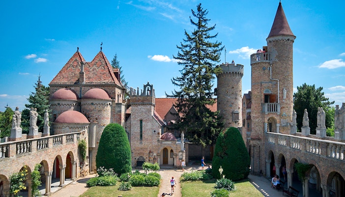Bory Castle courtyard with statues and towers in Szekesfehervar, Hungary.