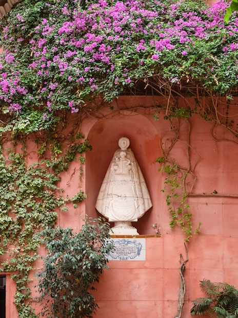 Casa de Salinas archway with ornate carvings, pink wall, and statue surrounded by vines and flowers.