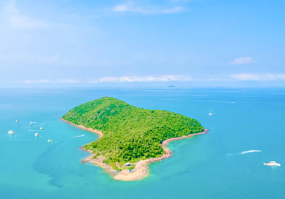 Aerial view of yachts near a lush island in Pattaya during a 3-island hopping cruise.