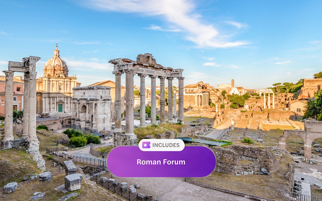 Roman Forum ruins with ancient columns and arches in Rome, Italy.