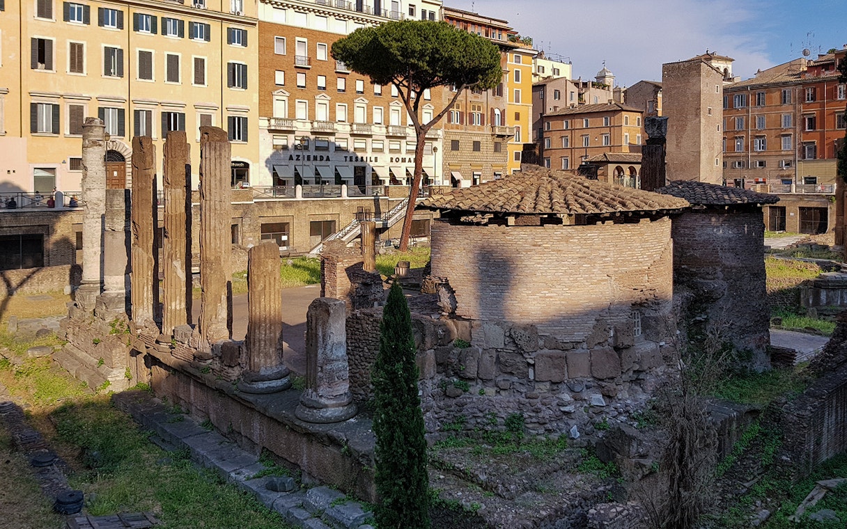 Largo di Torre Argentina ruins with ancient columns and round temple in Rome.