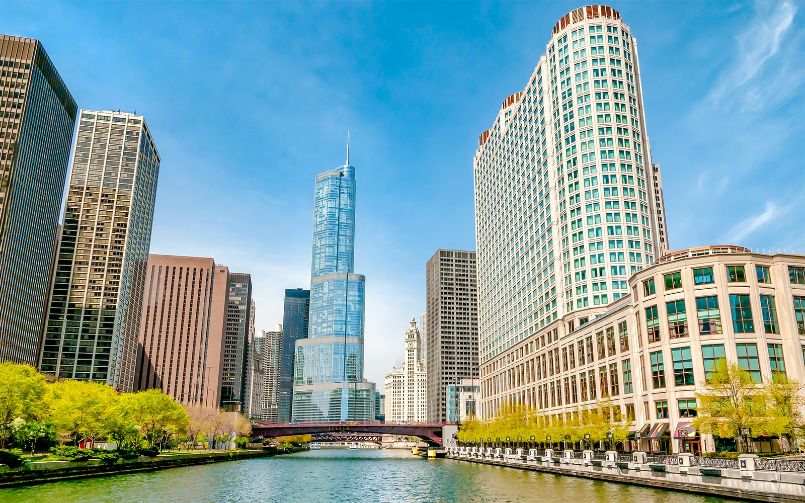 Chicago River with skyline view, featuring modern skyscrapers on a 45min architecture cruise.