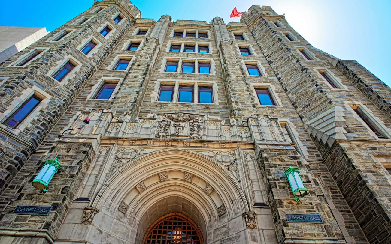 Conwell Hall facade in Philadelphia, part of the Ghosts of Philadelphia exploration game.