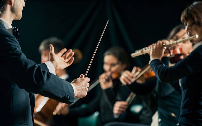 Conductor leading a classical ensemble with musicians playing instruments.