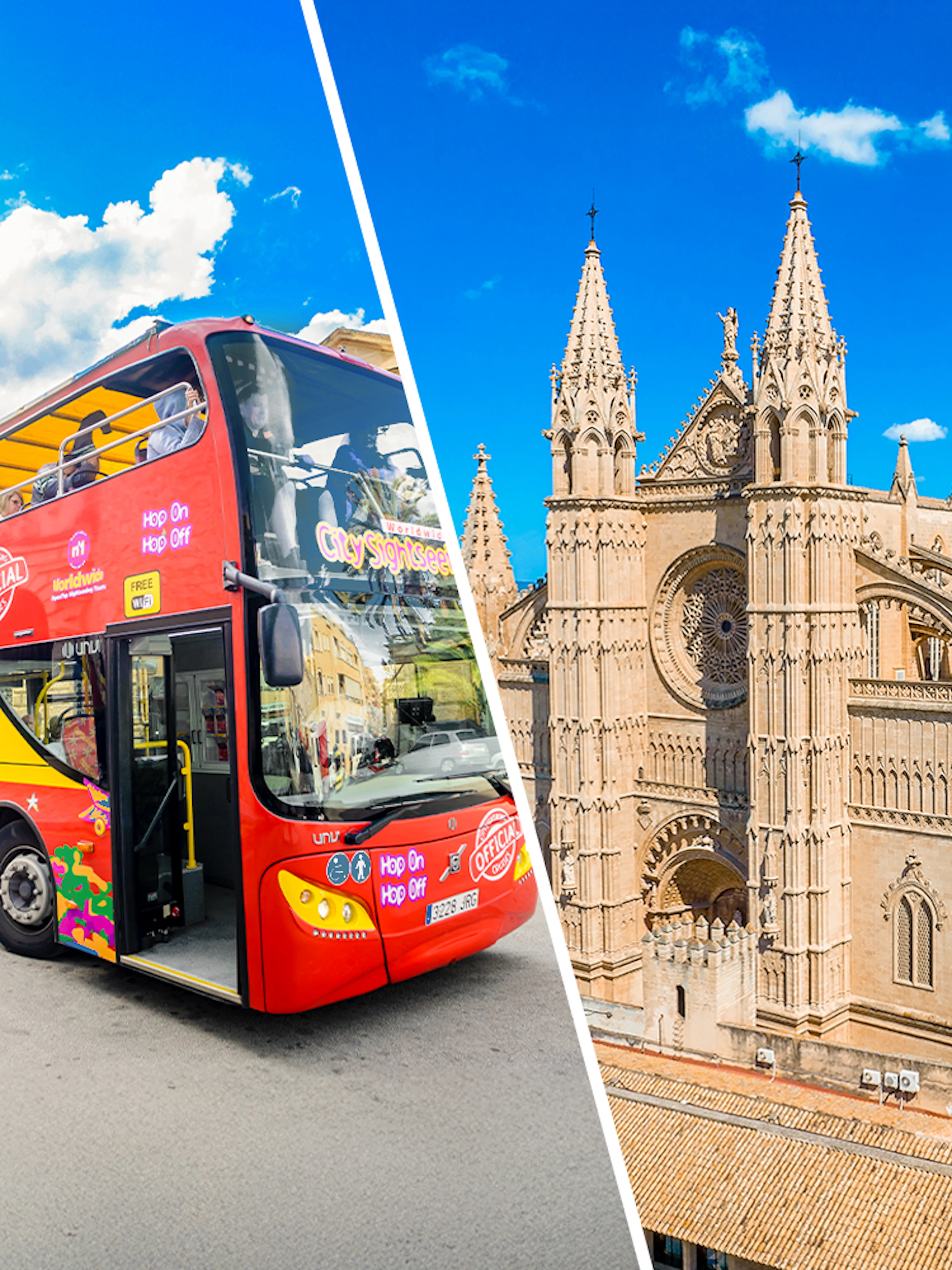 Hop-on hop-off bus near Palma Cathedral in Palma de Mallorca.