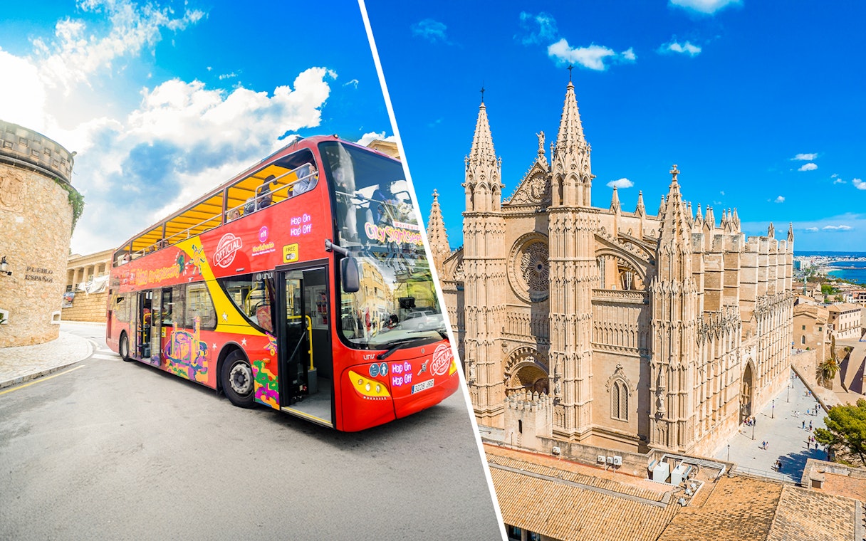 Hop-on hop-off bus near Palma Cathedral in Palma de Mallorca.