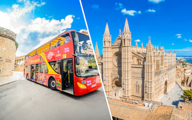 Hop-on hop-off bus near Palma Cathedral in Palma de Mallorca.